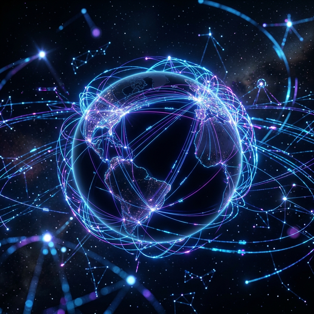 Abstract futuristic 3D visualization of global network connectivity