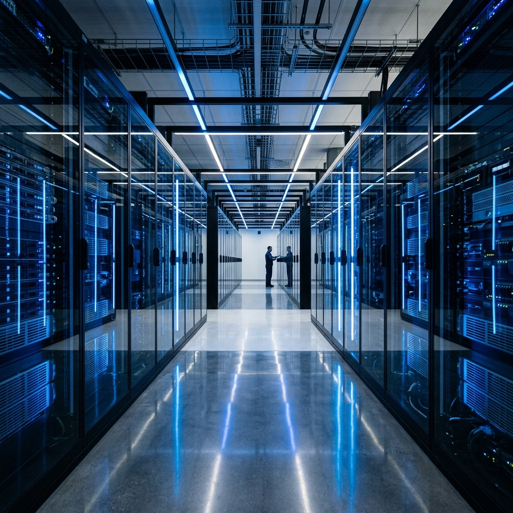 Futuristic server room aisle with glass panels